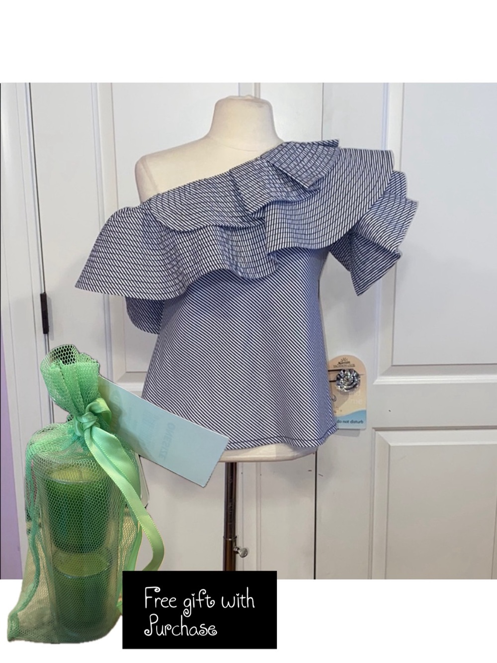 Gracia Blue and White Striped Off-Shoulder Blouse